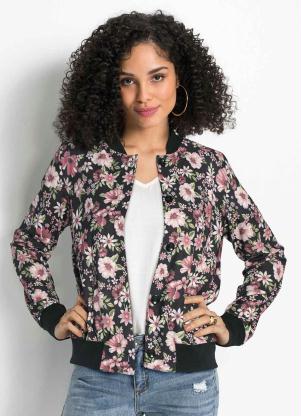 Bomber Estampada com Bot�es (Floral Preto)