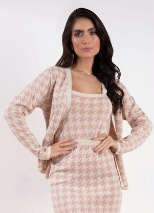 Casaco de Tric� Pied de Poule (Off White e Ros�)