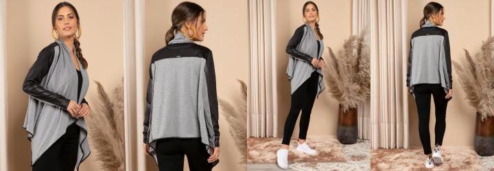 Casaco Mescla e Preto Mangas Longas com Recortes