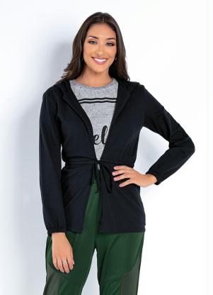 Casaco (Preto) com Amarra��o na Cintura e Capuz