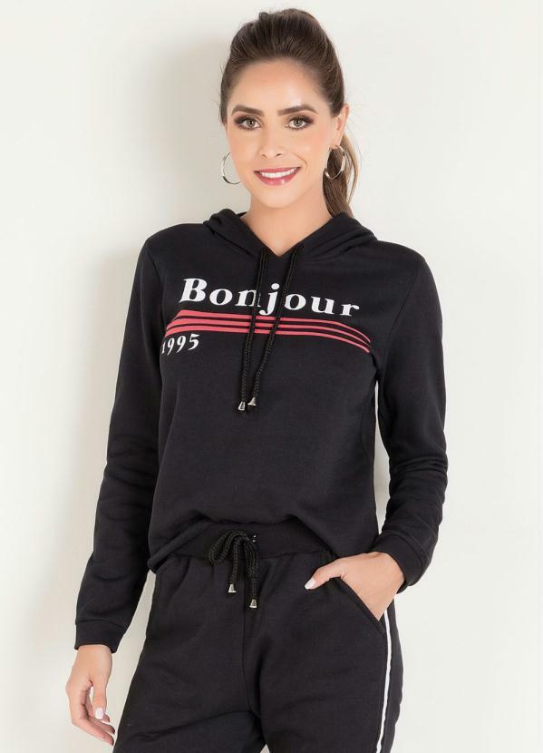 Casaco (Preto) com Capuz e Estampa Frente Casaco (Preto) com Capuz e Estampa Frente