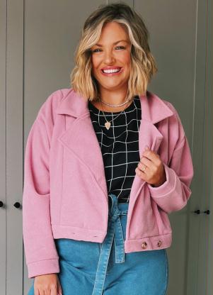 Casaco (Rosa) Cropped com Gola