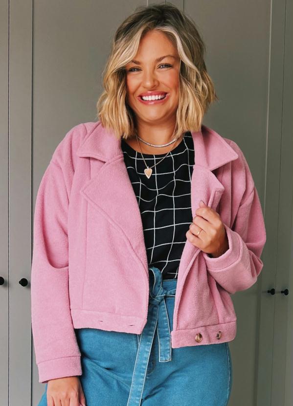 Casaco (Rosa) Cropped com Gola
