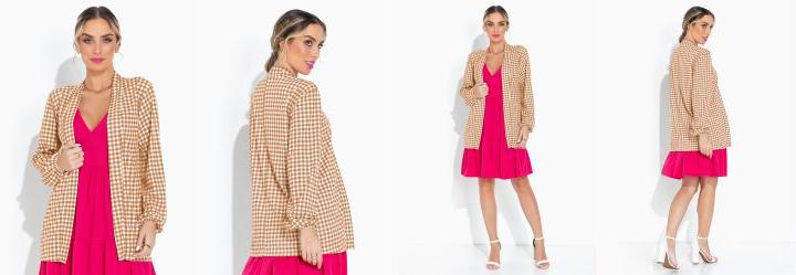 Casaco Xadrez Alongado com Manga Longa Bufante