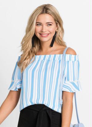 Blusa Ombro a Ombro (Listrada Branca e Azul)