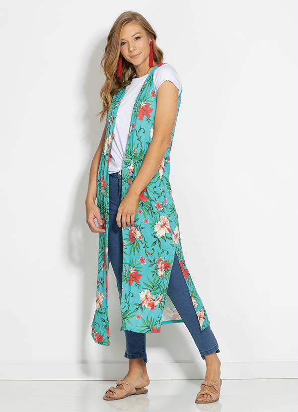 Colete Alongado com Fendas (Floral Turquesa)