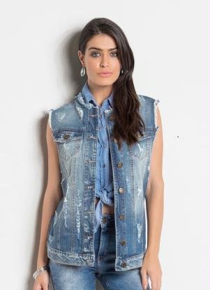 Colete Jeans Sawary Alongado Destroyed (Azul)
