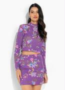 Conjunto Floral Roxo com Gola e Cintura Alta