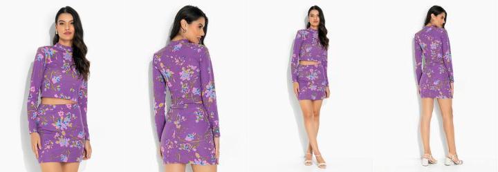 Conjunto Floral Roxo com Gola e Cintura Alta