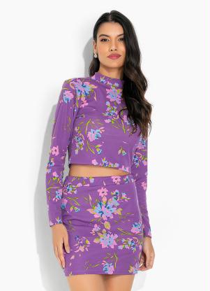 Conjunto (Floral Roxo) com Gola e Cintura Alta