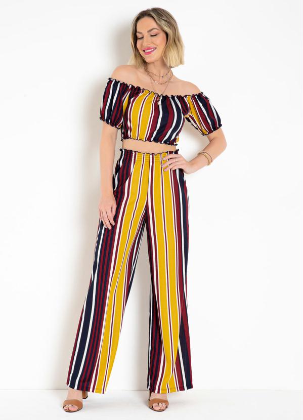 Conjunto (Listrado Azul) com Cropped e Cal�a