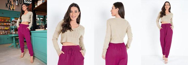 Cropped C�qui com Mangas Longas