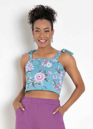 Cropped (Floral Azul) com Al�as para Amarrar