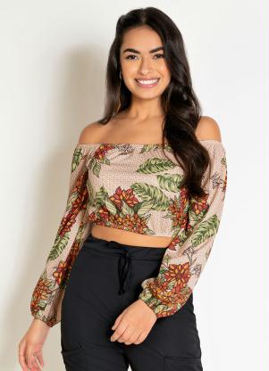 Cropped (Floral Bege) com Mangas Longas