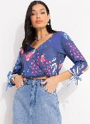 Cropped Floral Marinho com Amarra��o nas Mangas