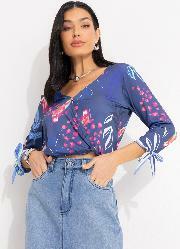 Cropped Floral Marinho com Amarra��o nas Mangas