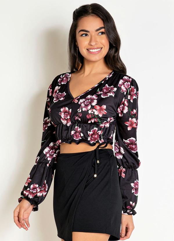 Cropped (Floral Preta) com Mangas Longas Cropped (Floral Preta) com Mangas Longas