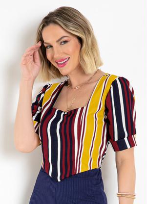 Cropped (Listrada Azul) com Mangas Bufantes