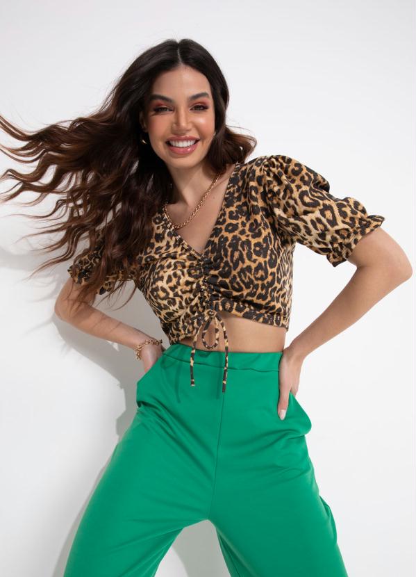 Cropped (On�a Marrom) com Franzido Regul�vel