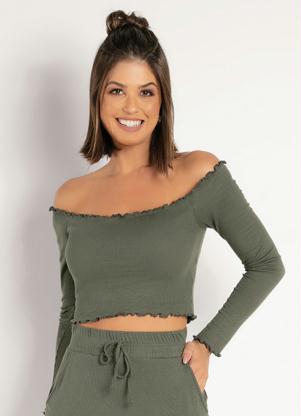 Cropped (Verde Militar) com Frufru e Mangas Longas