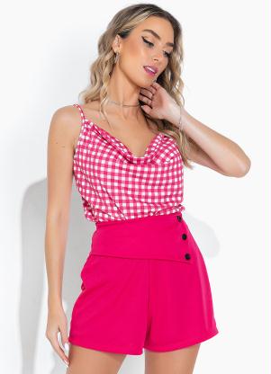 Cropped (Xadrez) com Al�as e Decote Degag�