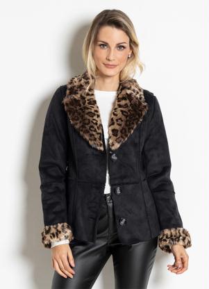 Casaco em Material Sintético Animal Print (Preto) Casaco em Material Sintético Animal Print (Preto)