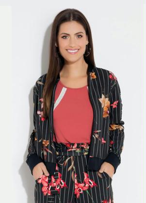 Jaqueta (Listrada Floral) com Recorte em Tela