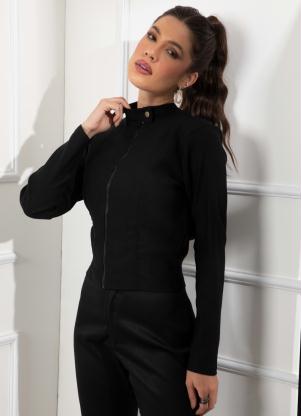 Jaqueta (Preta) com Zíper e Botões na Gola Jaqueta (Preta) com Zíper e Botões na Gola