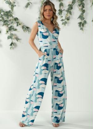 Macacão (Abstrato Azul) Transpassado com Bolsos Macacão (Abstrato Azul) Transpassado com Bolsos