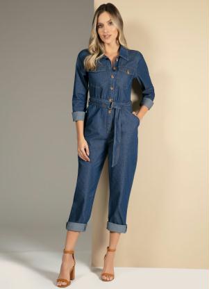 Macac�o (Jeans) com Bolsos e Faixa na Cintura