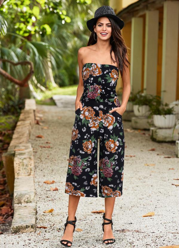 Macacão Pantacourt Tomara que Caia Floral (Preto) Macacão Pantacourt Tomara que Caia Floral (Preto)