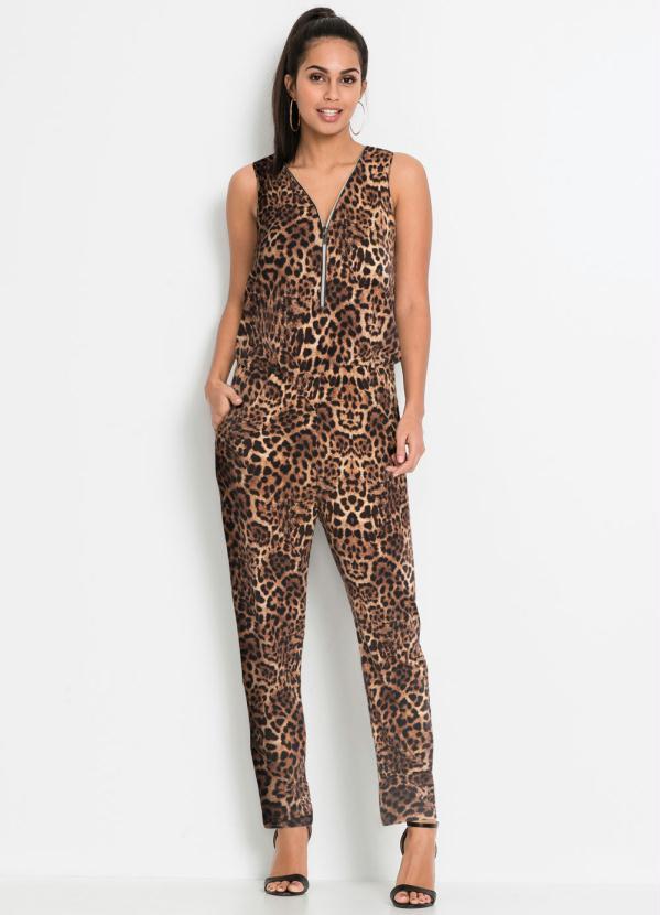 Macac�o Z�per Frontal Animal Print (On�a Marrom)