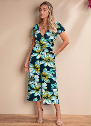 Macac�o (Floral Azul) com Decote Transpassado