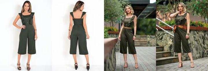 Macac�o Verde Militar com Babados e Bot�es