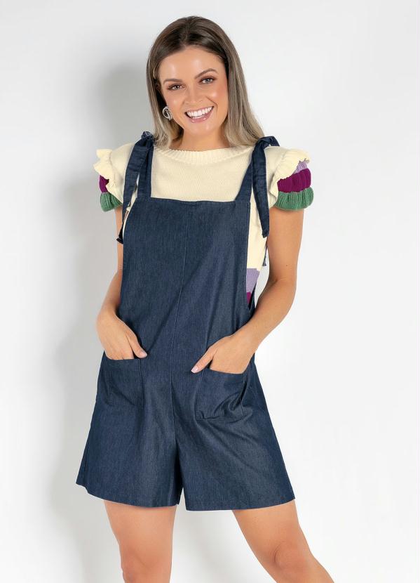 Jardineira (Jeans) com Al�as para Amarrar e Bolsos