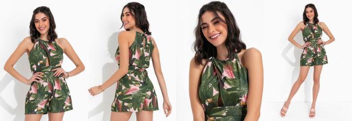 Macaquinho Folhagem Verde com Decote Transpassado