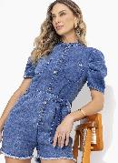 Macaquinho Jeans M�dio Mangas Bufantes e Faixa