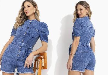 Macaquinho Jeans M�dio Mangas Bufantes e Faixa