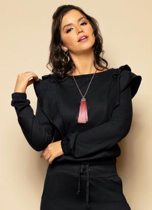 Casaco (Preto) Decote Canoa com Babados Casaco (Preto) Decote Canoa com Babados