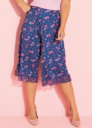Calça Pantacourt (Floral Azul) com Babado Calça Pantacourt (Floral Azul) com Babado