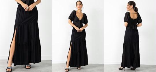 Saia Preta em Viscose Plana com Fenda