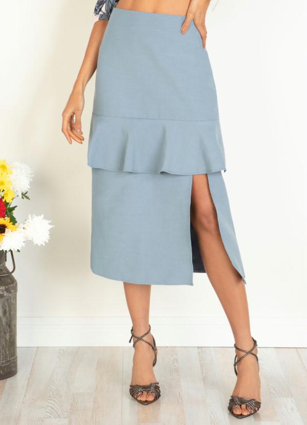 Saia (Azul) Midi com Babado e Fenda