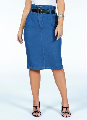 Saia Clochard (Jeans) Cintura Alta com Bolsos Saia Clochard (Jeans) Cintura Alta com Bolsos