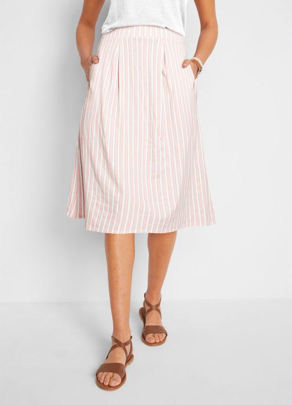 Saia com Bolsos Midi (Listrado Bege)