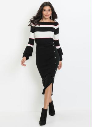 Saia de Tricô Midi com Botões (Preta) Saia de Tricô Midi com Botões (Preta)