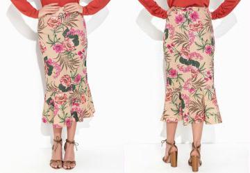 Saia Floral Nude com Babado