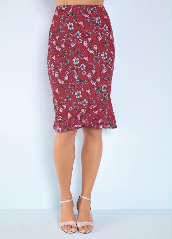 Saia (Floral Vermelha) com Babado Moda Evang�lica