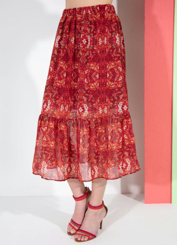 Saia (Floral Vermelho) com Babado na Barra Saia (Floral Vermelho) com Babado na Barra