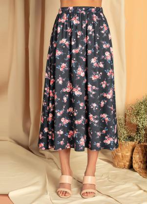 Saia Godê Longuete Estampada (Floral Azul) Saia Godê Longuete Estampada (Floral Azul)