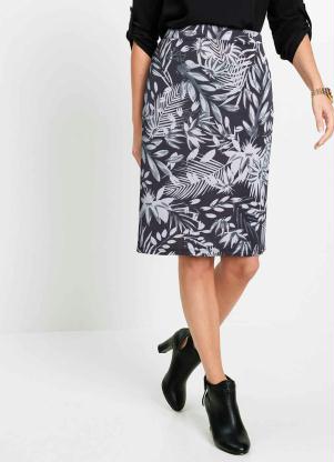 Saia L�pis Estampada com Fenda (Floral/Preto)